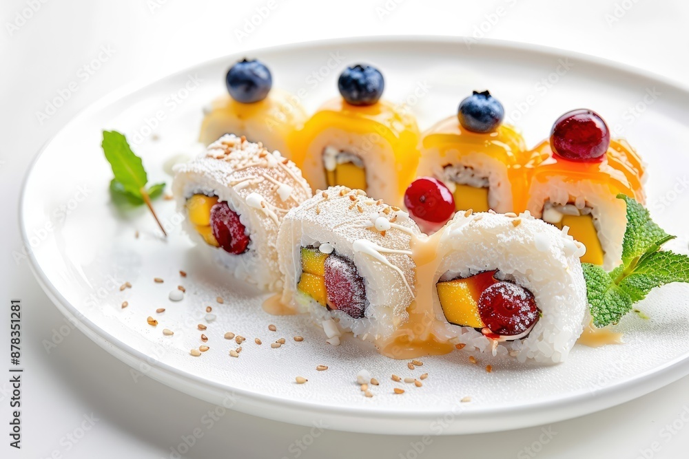 Intricate Dessert Sushi with Fresh Fruit and Coconut Glaze Intricate Dessert Sushi with Fresh Fruit and Coconut Glaze