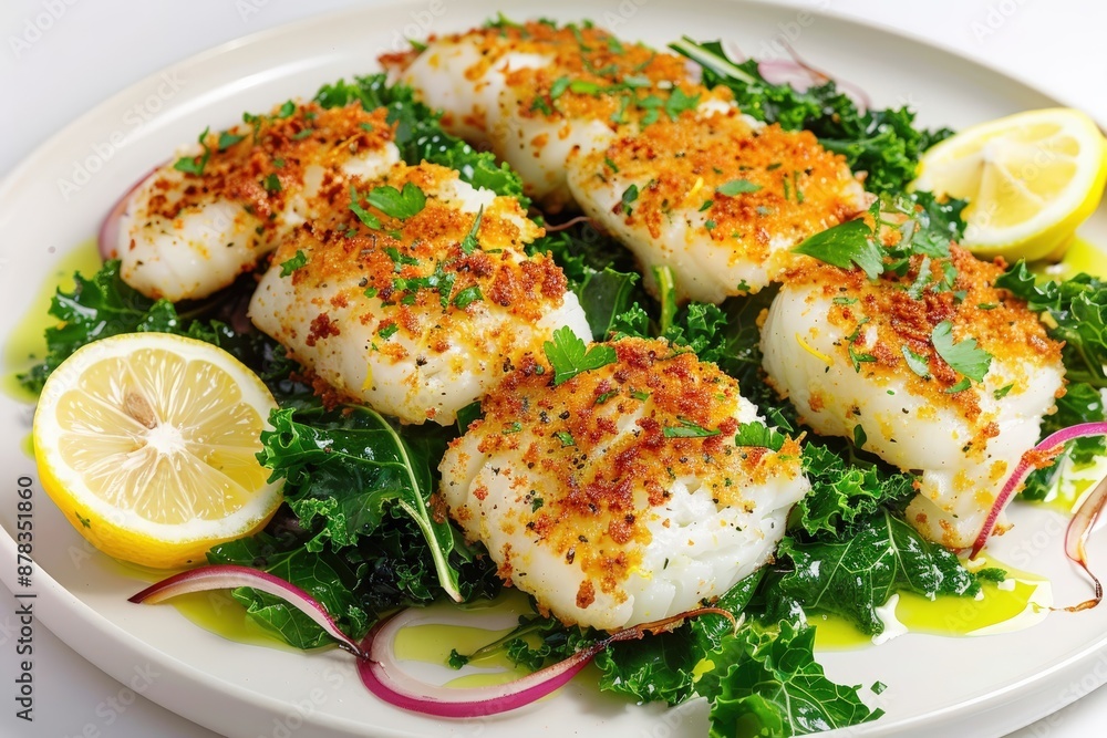 Artful Presentation of Golden-Brown Crusted Cod with Wilted Greens