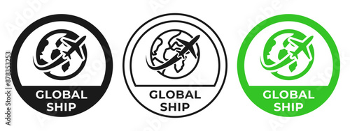 Global shipping emblem. Worldwide shipping vector illustration. International air transportation green icon. Global delivery seal. Worldwide delivery postage stamp. International logistic badge.