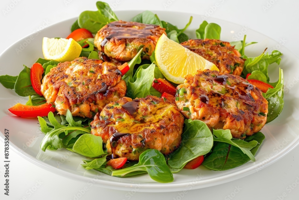 Dijon Balsamic Salmon Cakes with Olive Oil Drizzle on Mixed Baby Greens Dijon Balsamic Salmon Cakes with Olive Oil Drizzle on Mixed Baby Greens