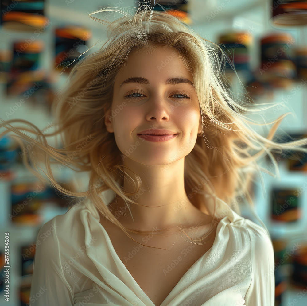 Beautiful woman, emotions of joy and happiness, smiling, blonde facial hair covering part of her face, stands in the center of the room. Generative AI. Beautiful woman, emotions of joy and happiness, smiling, blonde facial hair covering part of her face, stands in the center of the room. Generative AI.