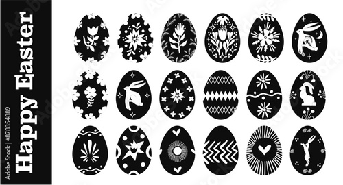 Black and White Happy Easter Linocut Eggs set