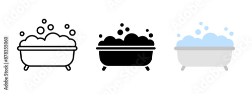 Basin with soap foam icon. Washing symbol. Bathtub with foam bubbles vector illustration. Vintage bath silhouette. Tub sign.