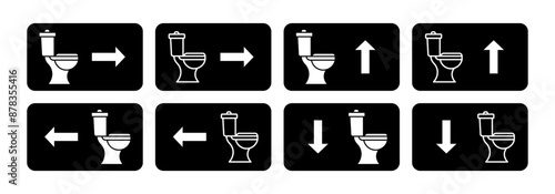 WC direction sign icon set. Restroom information banner. Public toilet pointer arrow emblem. Bathroom vector illustration. Public WC room pictogram.