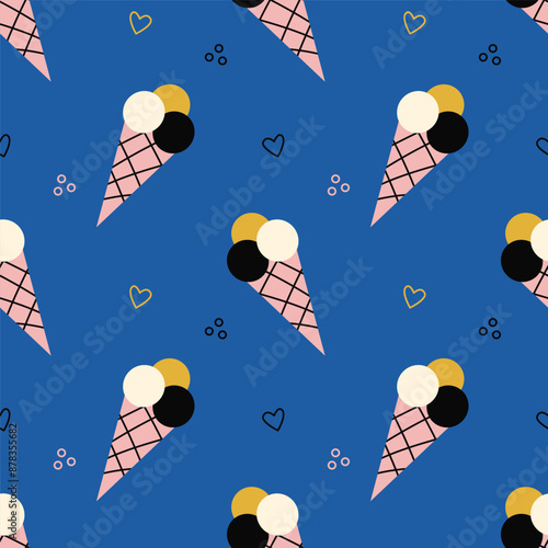Vector seamless pattern with ice cream cones on blue background. Modern design for fabric and paper, surface textures. 