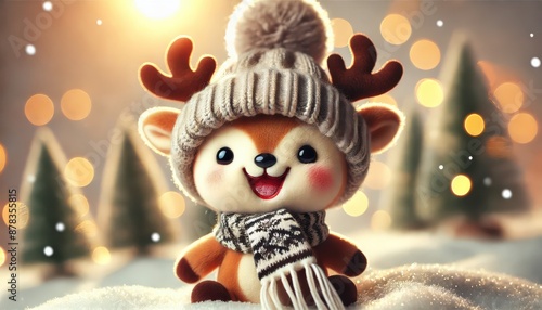 Closeup of a cute funny laughing reindeer with a wool hat and scarf, standing on a snowy snowscape