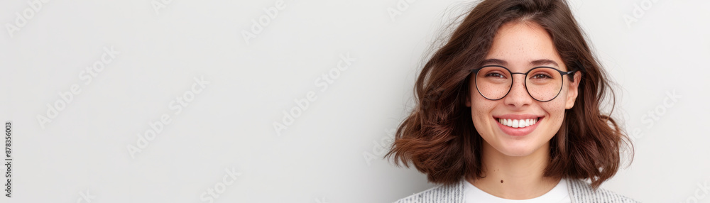 Radiant woman in casual wear smiling against white backdrop. Radiant woman in casual wear smiling against white backdrop.