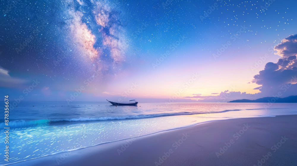 Starry sky, bioluminescent waves, and summer magic on a nighttime beach scene. Starry sky, bioluminescent waves, and summer magic on a nighttime beach scene.