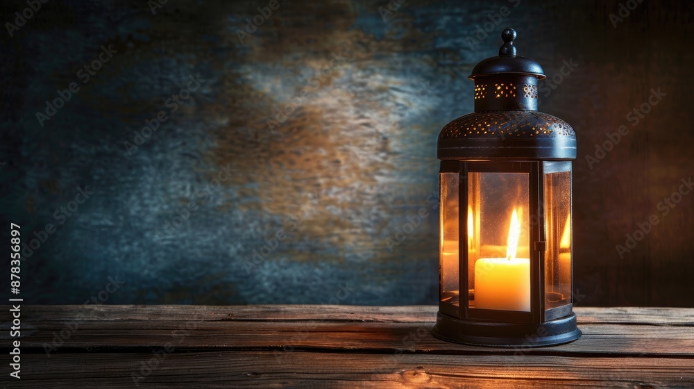 Decorative lantern with lit candle on wooden table with space for text Decorative lantern with lit candle on wooden table with space for text