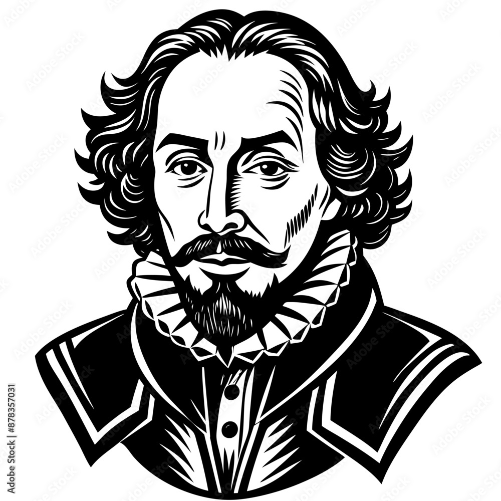 Shakespeare Black and white drawing of a man with long hair and a beard, showing details Shakespeare Black and white drawing of a man with long hair and a beard, showing details