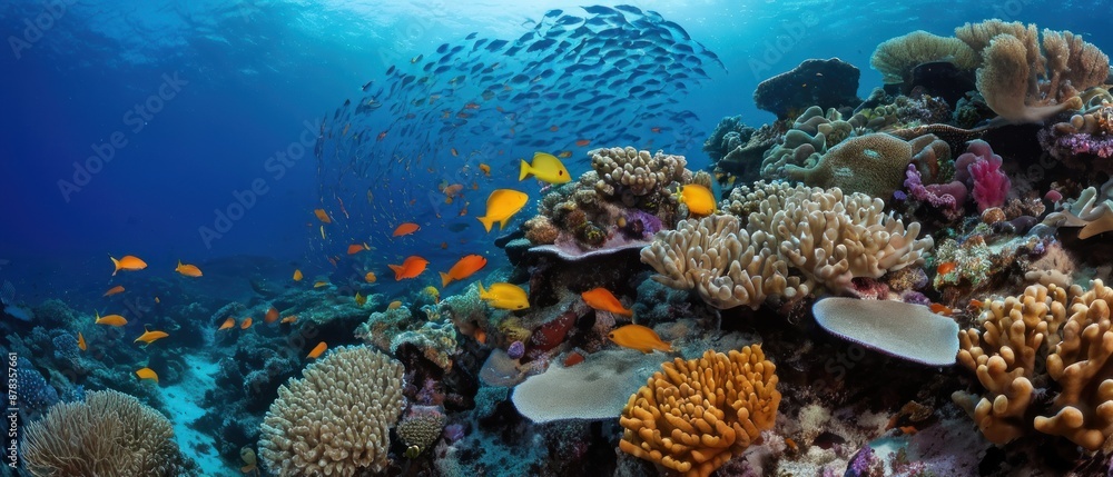 Fototapeta premium Panoramic view of a vibrant coral reef ecosystem teeming with colorful tropical fish and various corals in crystal-clear water.
