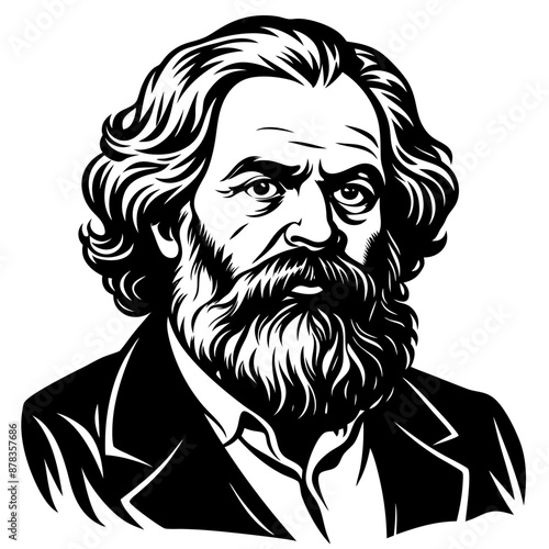 Karl Marx A black and white drawing depicting a man with a beard and long hair