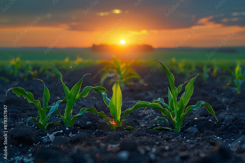 Young Corn Plants Growing in a Field at Sunset Young Corn Plants Growing in a Field at Sunset