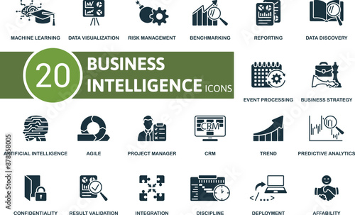 Business Intelligence icon set. Machine Learning, Data Visualization, Risk Management, Benchmarking, Reporting, Data Discovery, Event Processing, Business Strategy, Artificial Intelligence, Agile