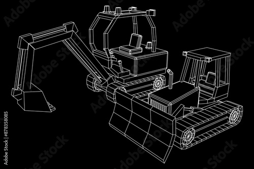 Heavy equipment excavator machine manufacturing power equipment for open pit mining. Wireframe low poly mesh vector illustration