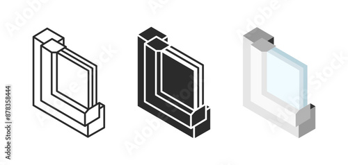 Cross section window profile icon. Triple glazed window pane PVC profile symbol. Plastic frame structure isometric illustration. Classic white framework three-dimensional construction 3d concept