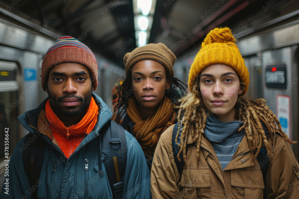 Three young individuals are standing in a subway, looking serious and focused, wearing winter clothing, hinting at a travel and commuter scene in an urban setting. Three young individuals are standing in a subway, looking serious and focused, wearing winter clothing, hinting at a travel and commuter scene in an urban setting.