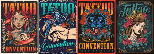 Tattoo convention colorful set flyers