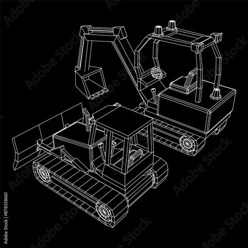 Heavy equipment excavator machine manufacturing power equipment for open pit mining. Wireframe low poly mesh vector illustration