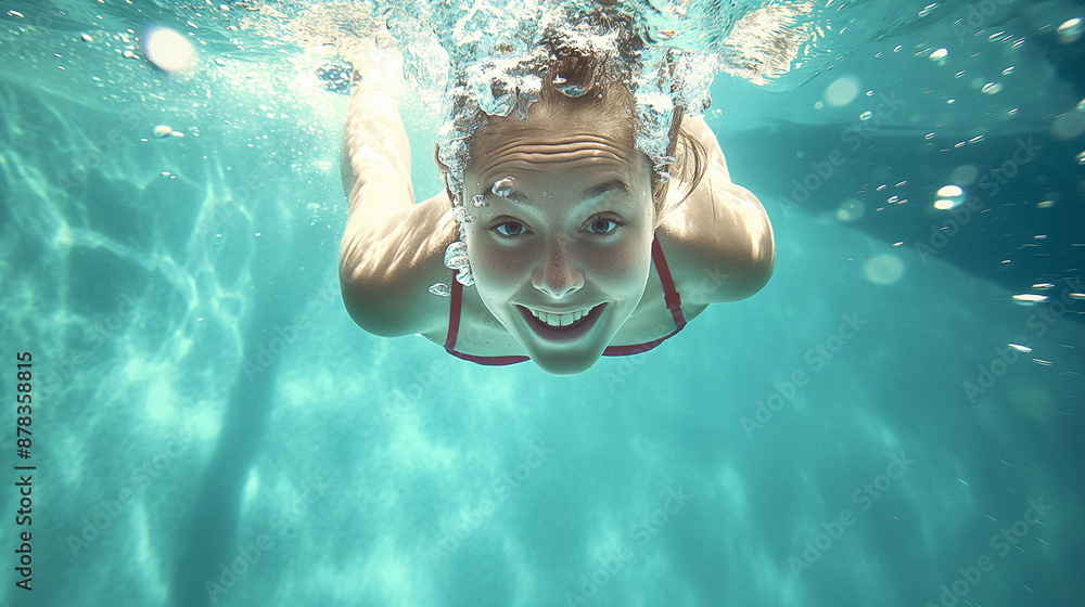 Fototapeta premium Young person swimming underwater in a pool.