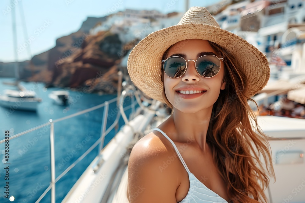 Woman Enjoying a Sunny Day on a Yacht in a Scenic Coastal Town Woman Enjoying a Sunny Day on a Yacht in a Scenic Coastal Town