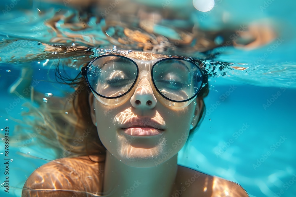 Fototapeta premium Woman Enjoying a Refreshing Swim with Glasses Underwater