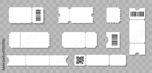 Ticket or coupon promotion illustration set. Collection of concert tickets, lottery or discount coupons, gift voucher. Template with QR code for design for entertainment event, show, concert, sales