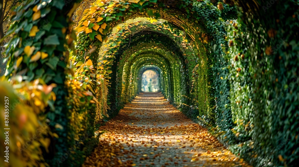Tunnel of green trees and rounded yellow leaves in autumn Tunnel of green trees and rounded yellow leaves in autumn