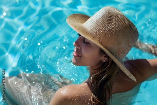Woman Relaxing in a Pool with a Straw Hat on a Sunny Day © Valentin