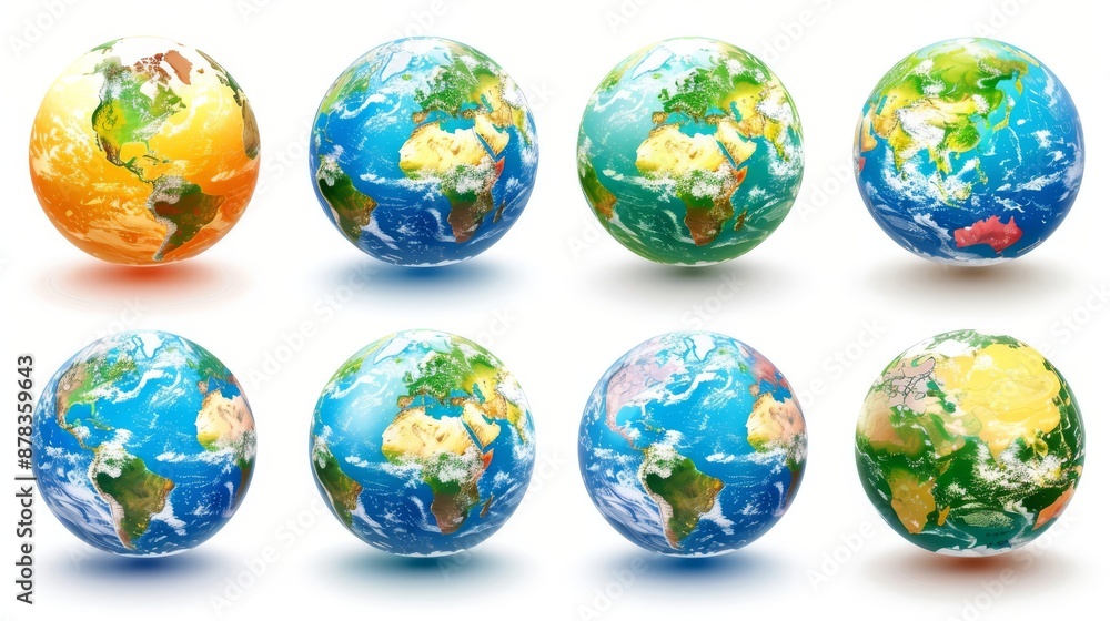 Set of realistic vector globes. Earth planet with different texture and colors. Continents and oceans. Set of realistic vector globes. Earth planet with different texture and colors. Continents and oceans.