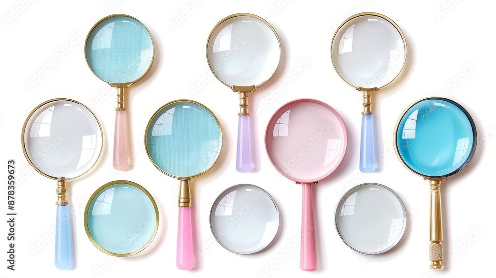 Set of realistic magnifying glasses with pastel handles. Vector illustration. Set of realistic magnifying glasses with pastel handles. Vector illustration.