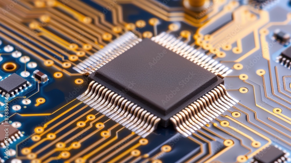 Close-up of a microchip on a blue circuit board with intricate golden pathways, illustrating technology and electronic engineering concepts. Close-up of a microchip on a blue circuit board with intricate golden pathways, illustrating technology and electronic engineering concepts.