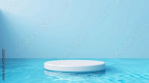 Minimalist blue background featuring a round white podium in clear water, perfect for product display or background uses.
