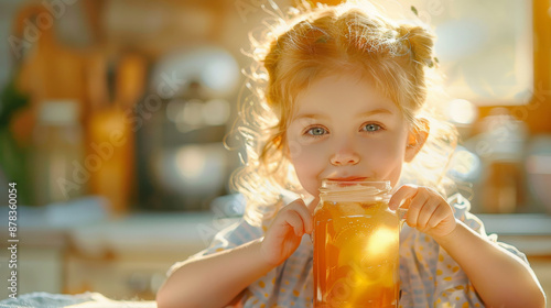 Little Girl Enjoying Homemade Drink Kombucha, Healthy Fermented Beverage. Generative ai