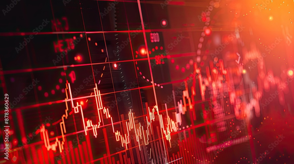 Stock market graph showing downward trends during a recession with economic data in the background Stock market graph showing downward trends during a recession with economic data in the background