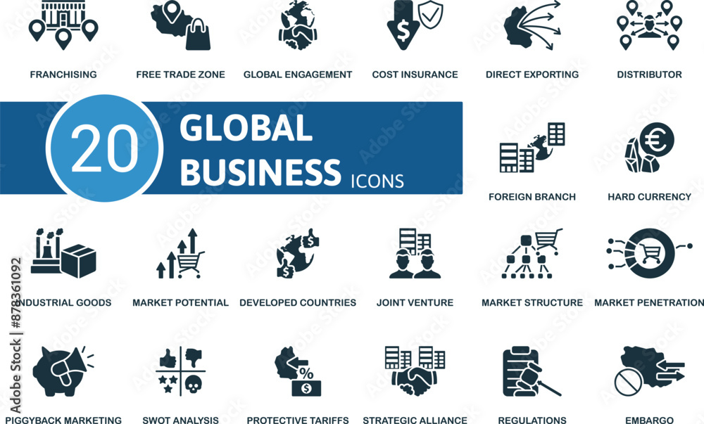 Global Business icon set. Franchising, Free Trade Zone, Global Engagement, Cost Insurance, Direct Exporting, Distributor, Foreign Branch, Hard Currency, Industrial Goods, Market Potential icons and Global Business icon set. Franchising, Free Trade Zone, Global Engagement, Cost Insurance, Direct Exporting, Distributor, Foreign Branch, Hard Currency, Industrial Goods, Market Potential icons and
