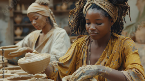 Traditional Pottery Making by Artisan Multiracial Women in a Workshop. Generative ai photo