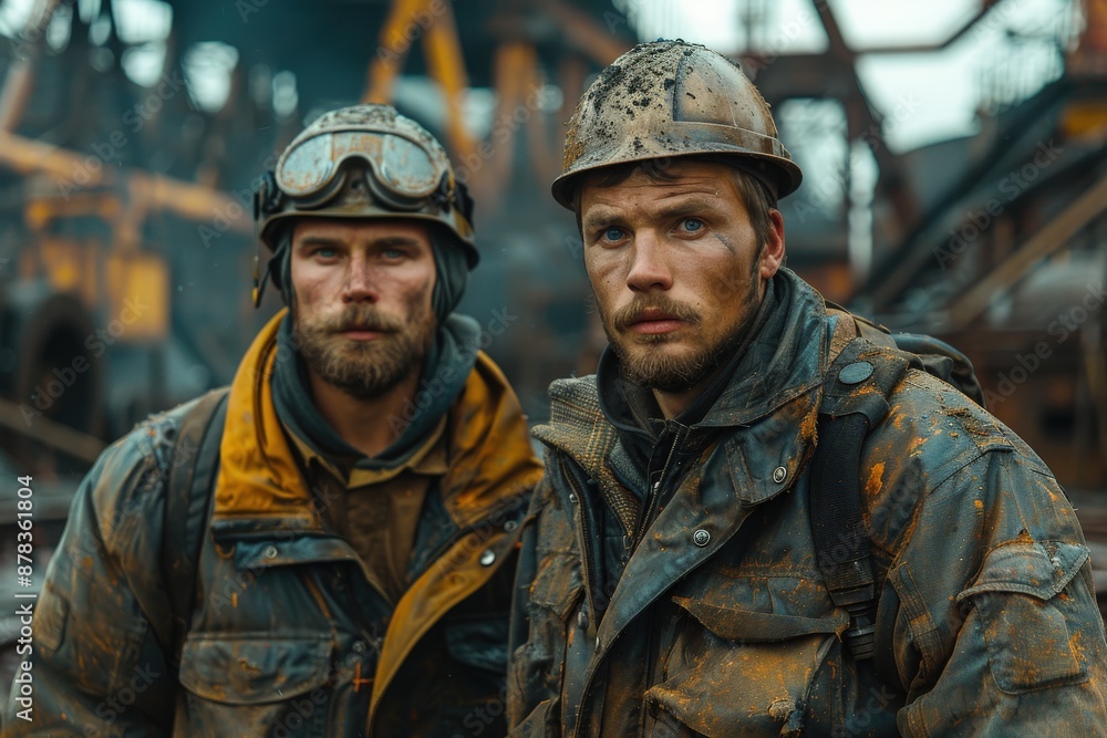 Two rugged workers wearing helmets and heavy-duty clothing, standing side by side and looking directly at the camera, surrounded by industrial machinery in a worksite. Two rugged workers wearing helmets and heavy-duty clothing, standing side by side and looking directly at the camera, surrounded by industrial machinery in a worksite.