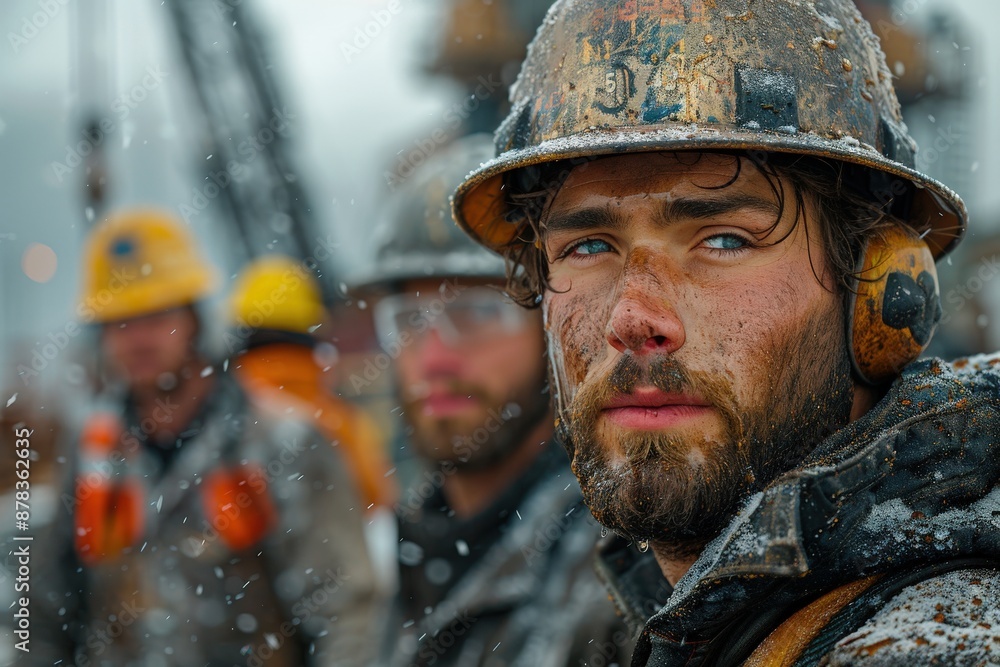 A thoughtful worker with a snowy beard standing at an industrial work site, his colleagues blurred in the background, emphasizing the harsh work conditions and dedication. A thoughtful worker with a snowy beard standing at an industrial work site, his colleagues blurred in the background, emphasizing the harsh work conditions and dedication.