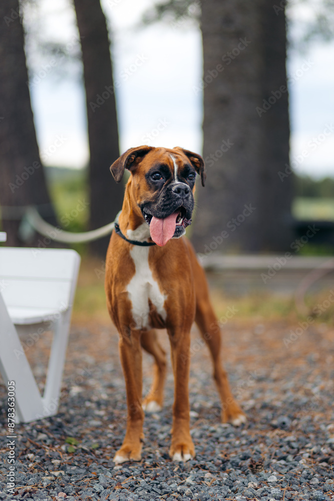 A portrait of a light brown young boxer on a leash with its tongue out A portrait of a light brown young boxer on a leash with its tongue out