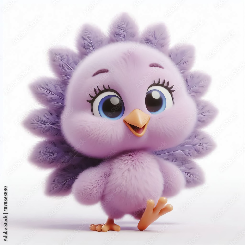 Fototapeta premium Cute furry peacok 3D character on white background 