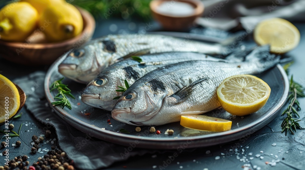 Three uncooked bream fish placed with ingredients on a plate High quality image Three uncooked bream fish placed with ingredients on a plate High quality image