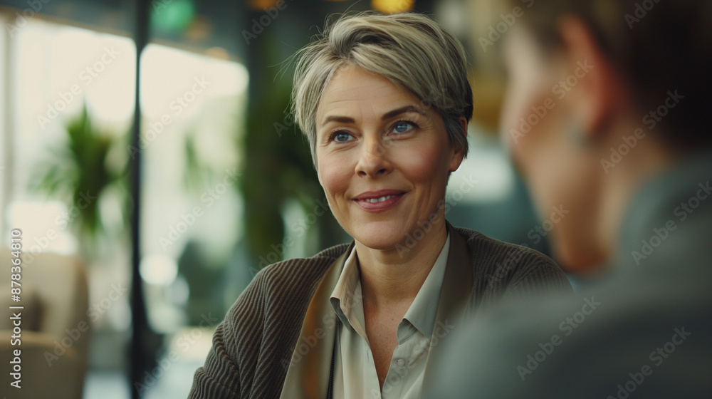 Obraz premium Short-haired smiling woman conversing with friend