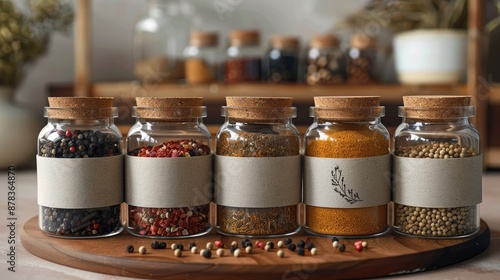 Fototapeta Naklejka Na Ścianę i Meble -  Blank Exotic spice kits, mockup packaging in a studio background. Generative AI.