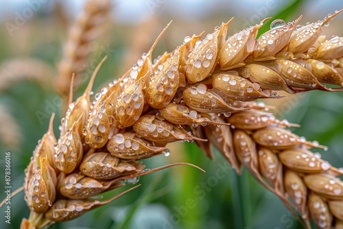 Close-up of a wheat ear with dewdrops glistening on the grains, showcasing the natural beauty of agriculture and harvest.