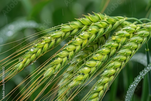 Close-up of green barley ears covered with morning dew, showcasing the freshness and vitality of the crops in a natural setting.