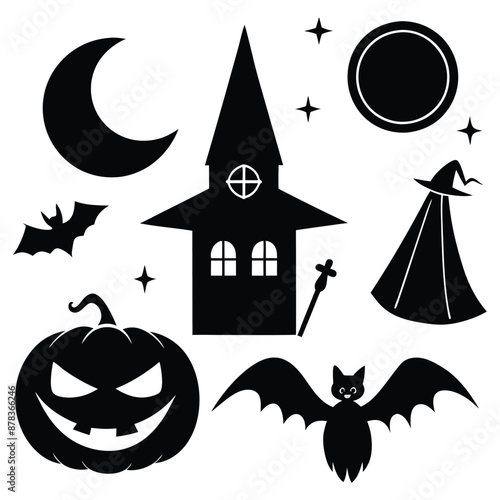 Vintage-Style Halloween Elements Retro Aesthetic Witches Silhouette vector Art illustration Bundle.