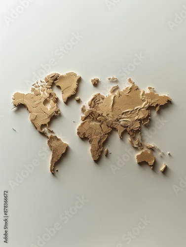 A 3D rendered world map made of wood on a white background. The map has a textured surface and a subtle shadow. © Pornarun