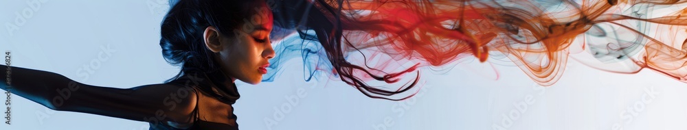 Fototapeta premium Young Woman Striking Intense and Painful Dynamic Pose, Creating Dramatic Wallpaper and Sense of Urgency. Abstract Illustration, High-Resolution AI-Generated Background.