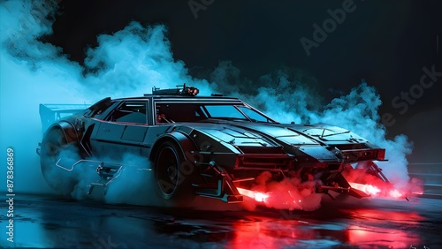 Futuristic sports car emitting red smoke on dark, neon-lit street. Generative AI
